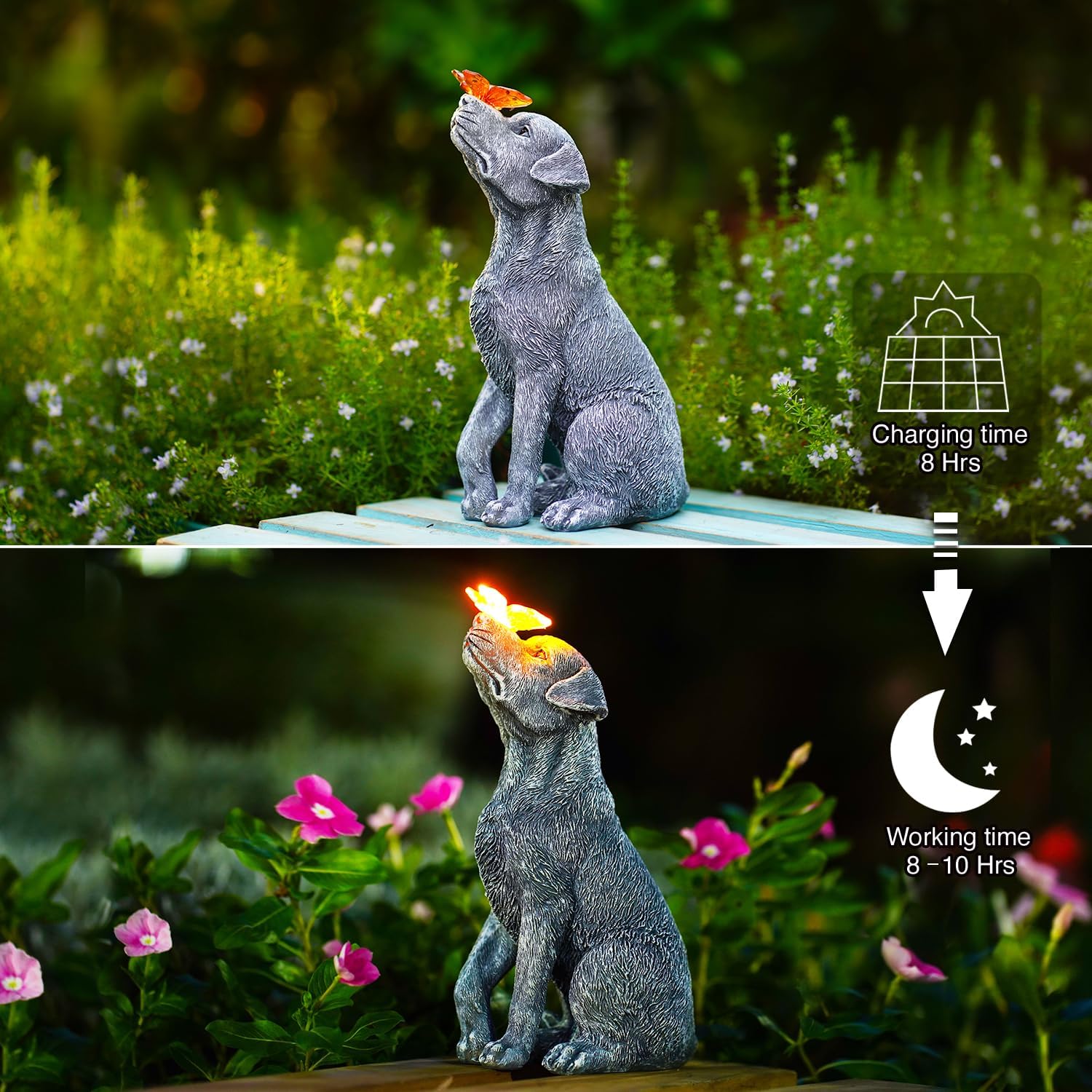 Dog Garden Ornaments With Solar Butterfly